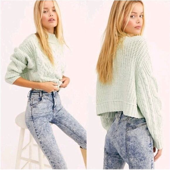 Free People Merry Go Round Sweater Size XL mint Green Cable Knit Fisherman - Picture 1 of 9